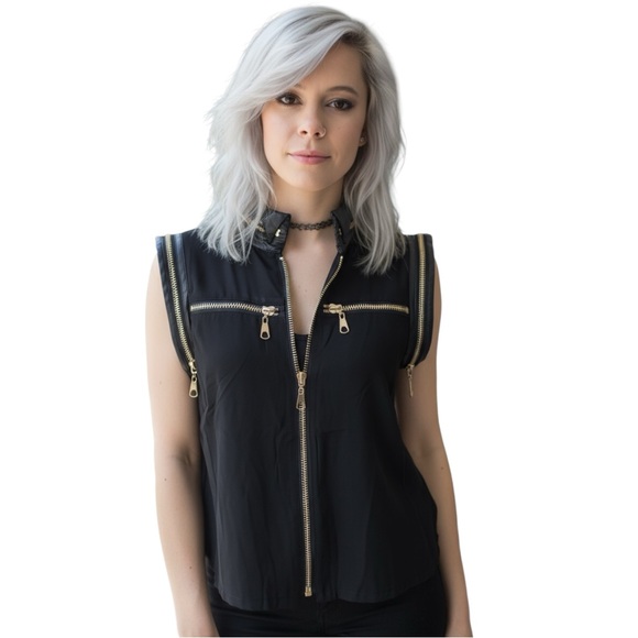 Double Zero Tops - Double Zero Black Sheer Too with Gold Zip Accents Brand New! S